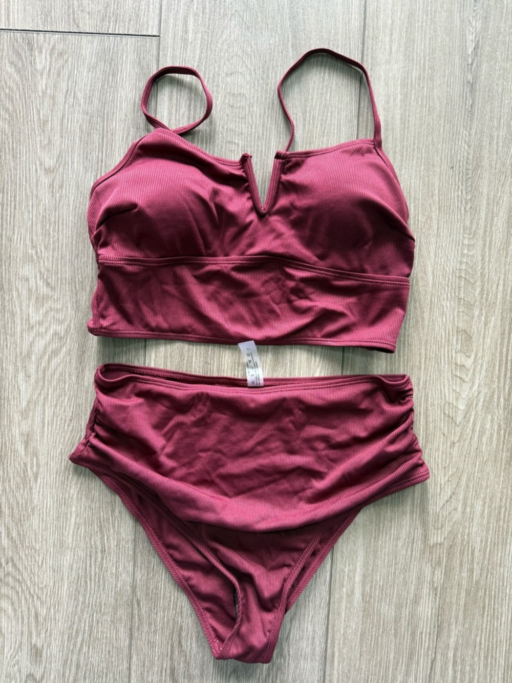 SHEIN Ribbed V-Notch High-Waist Bikini Set - Wine
